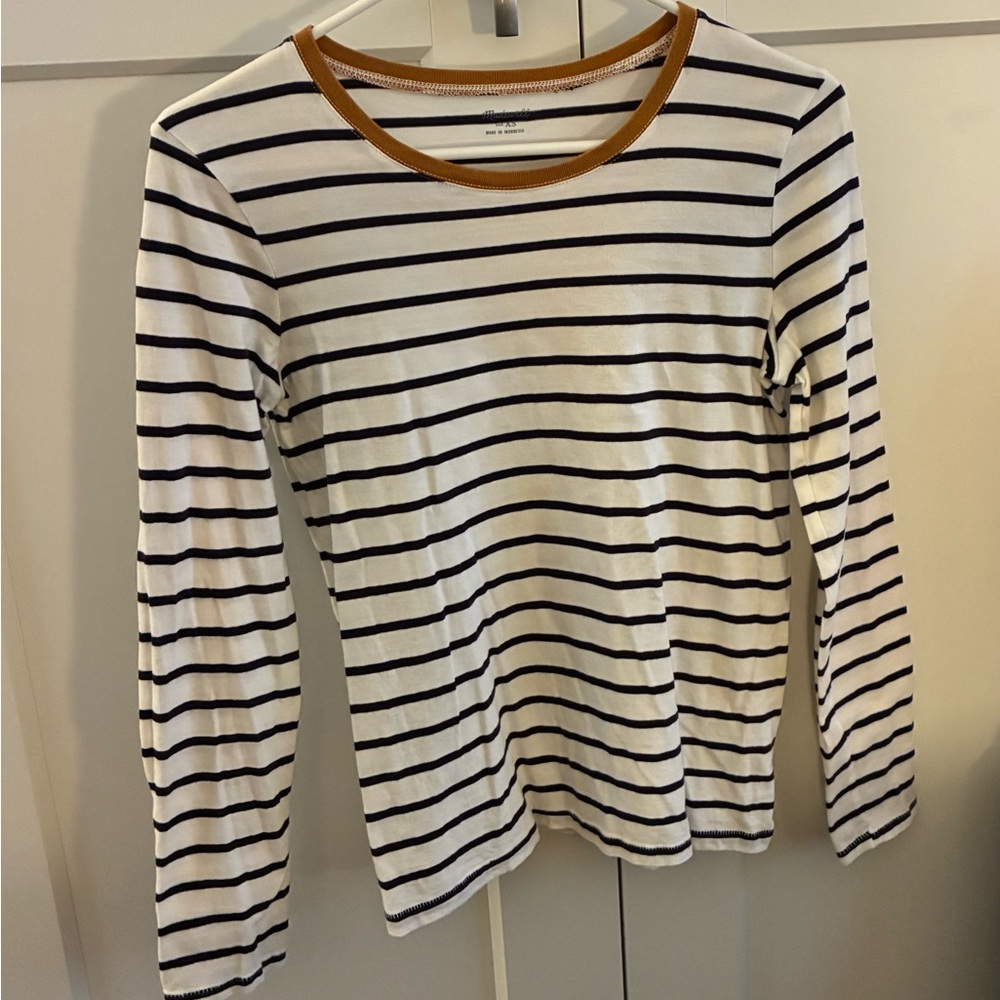 Madewell long-sleeve navy and white Briton shirt w mustard trim.